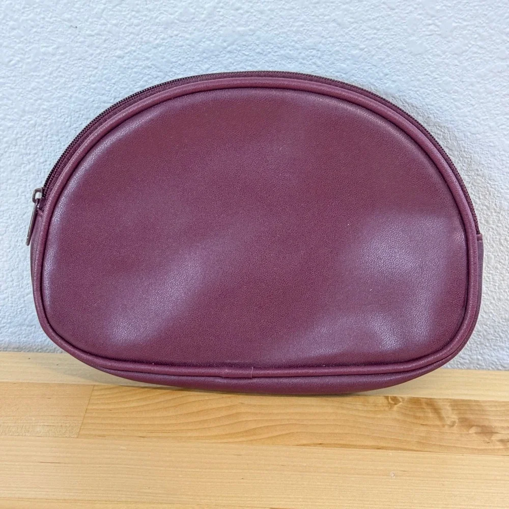 Etienne Aigner Burgundy Leather Half Moon Cosmetic Pouch Makeup Bag Gold Logo